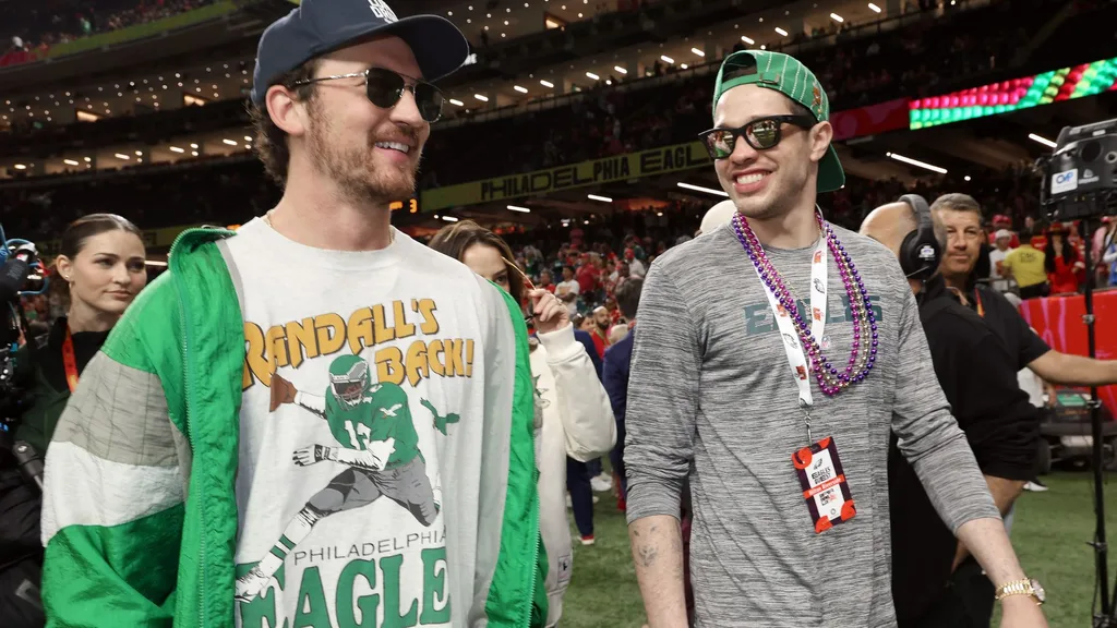 Pete Davidson and Miles Teller at the 2025 Super Bowl