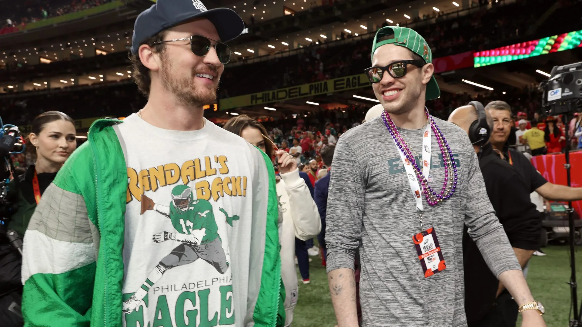 Pete Davidson and Miles Teller at the 2025 Super Bowl 