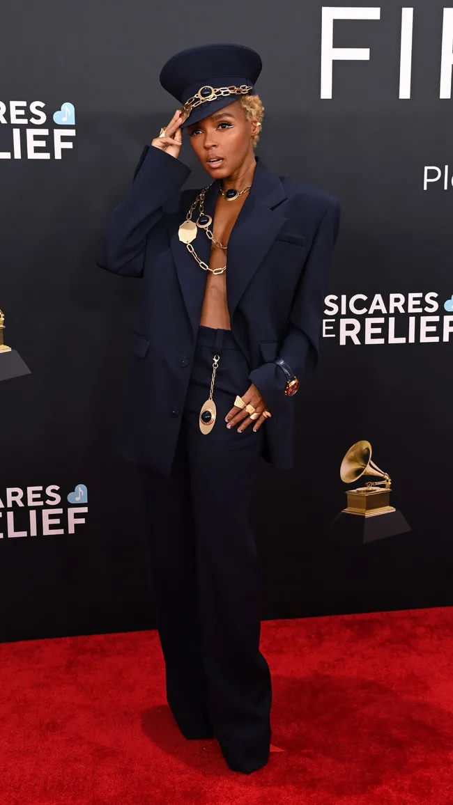 grammy awards red carpet 2025 janelle monet in blue suit
