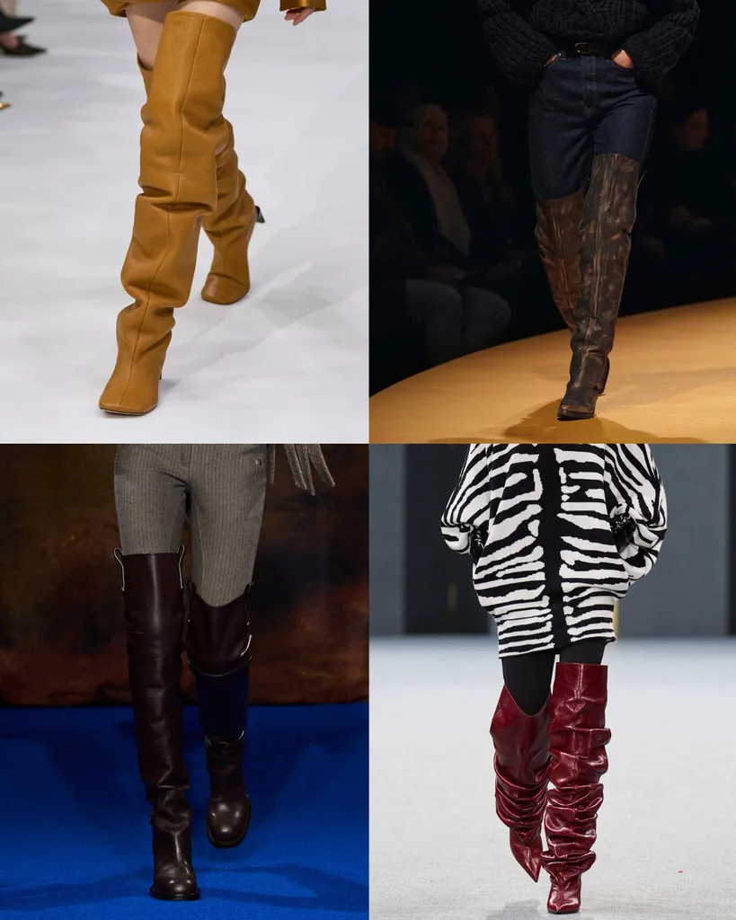 Thigh high boots at Sportmax, Khaite, Burberry and Balmain