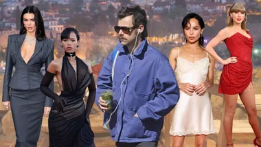 Collage of Harry styles with women he has dated including kendall jenner, taylor russell, taylor swift and Zoe Kravtiz