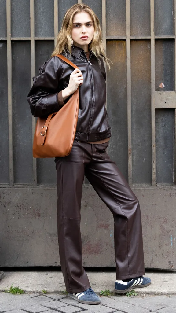 Girl wearing leather pants at fashion week