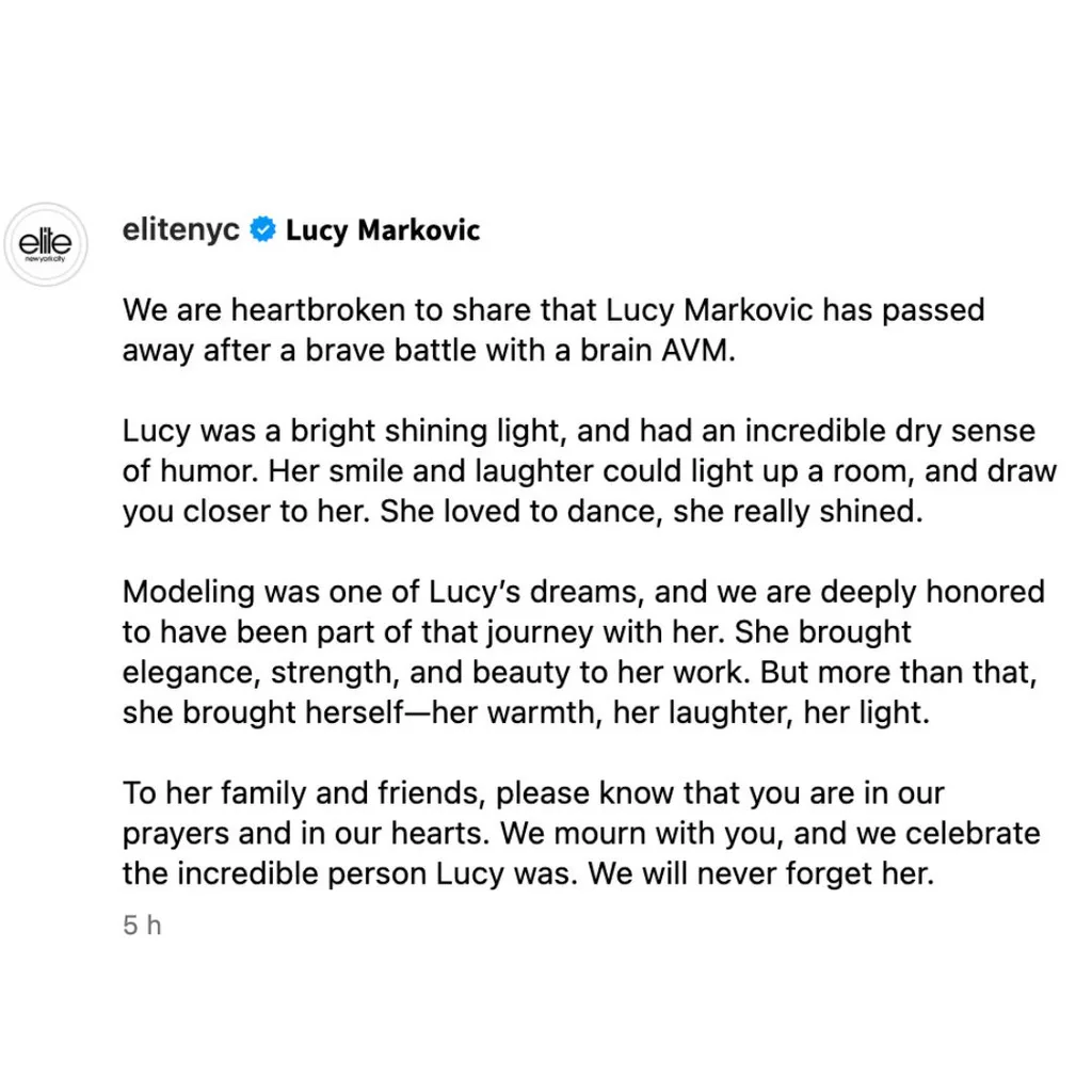 Elite modelling agencies post about model Lucy Markovic's death