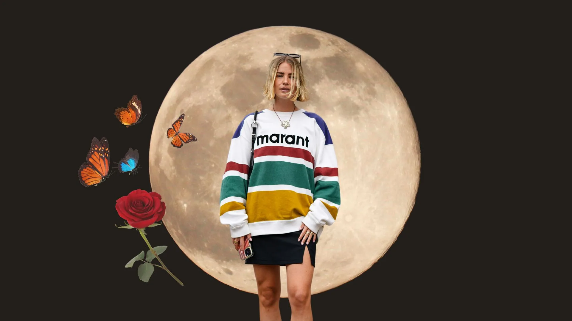 Woman wearing a striped jersey with the moon in the background