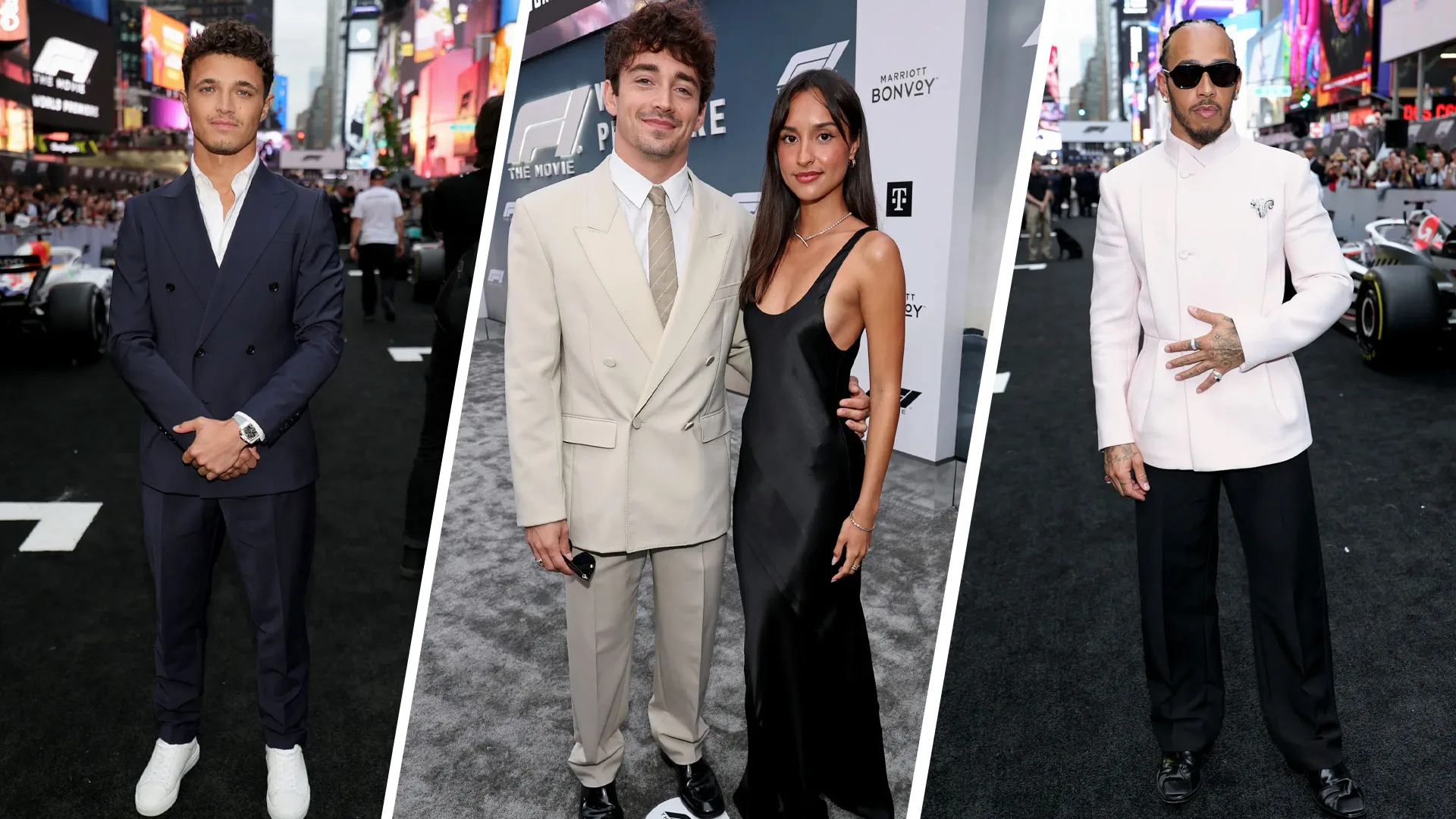 F1 drivers and their girlfriends arrive at the world premiere for F1 Movie event in New York City.