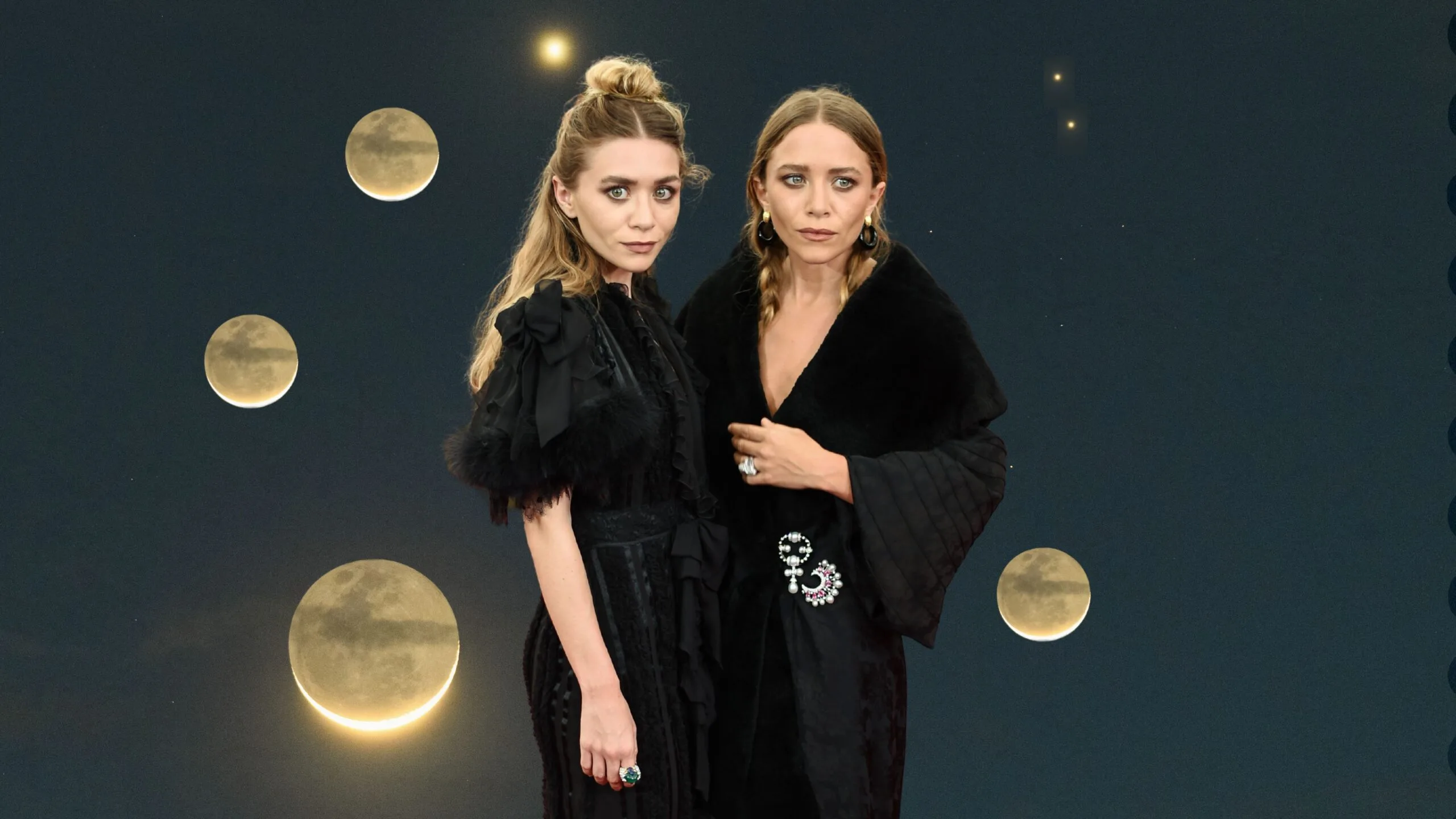 Geminis Mary Kate and Ashley Olsen against the night sky