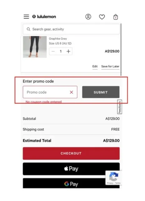 Lululemon checkout screen showing lululemon discount code field