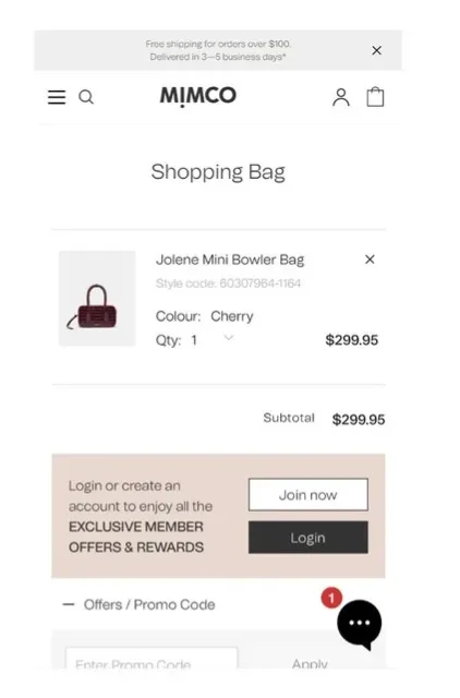 Mimco checkout screen showing mimco discount code field