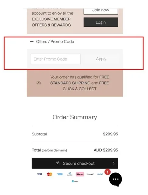Mimco checkout screen showing mimco discount code field