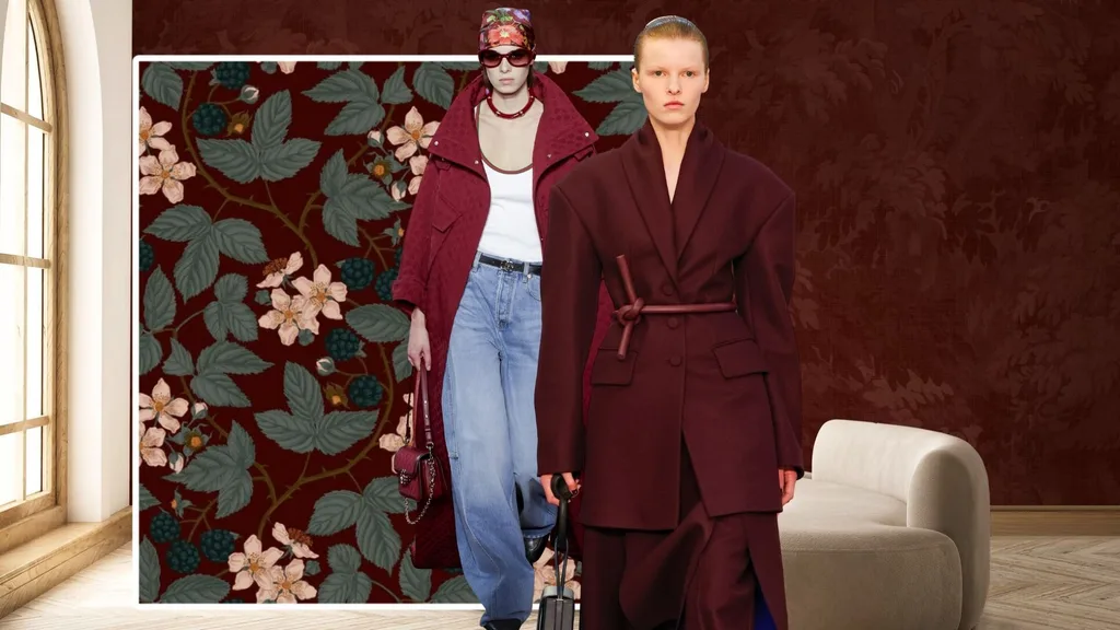 Runway models wearing cherry red with wallpaper backdrop