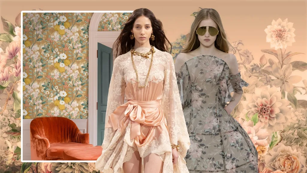 Runway models wearing florals with wallpaper background