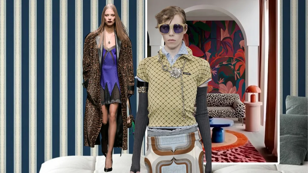 Runway models wearing clashing prints with stripe wallpaper background