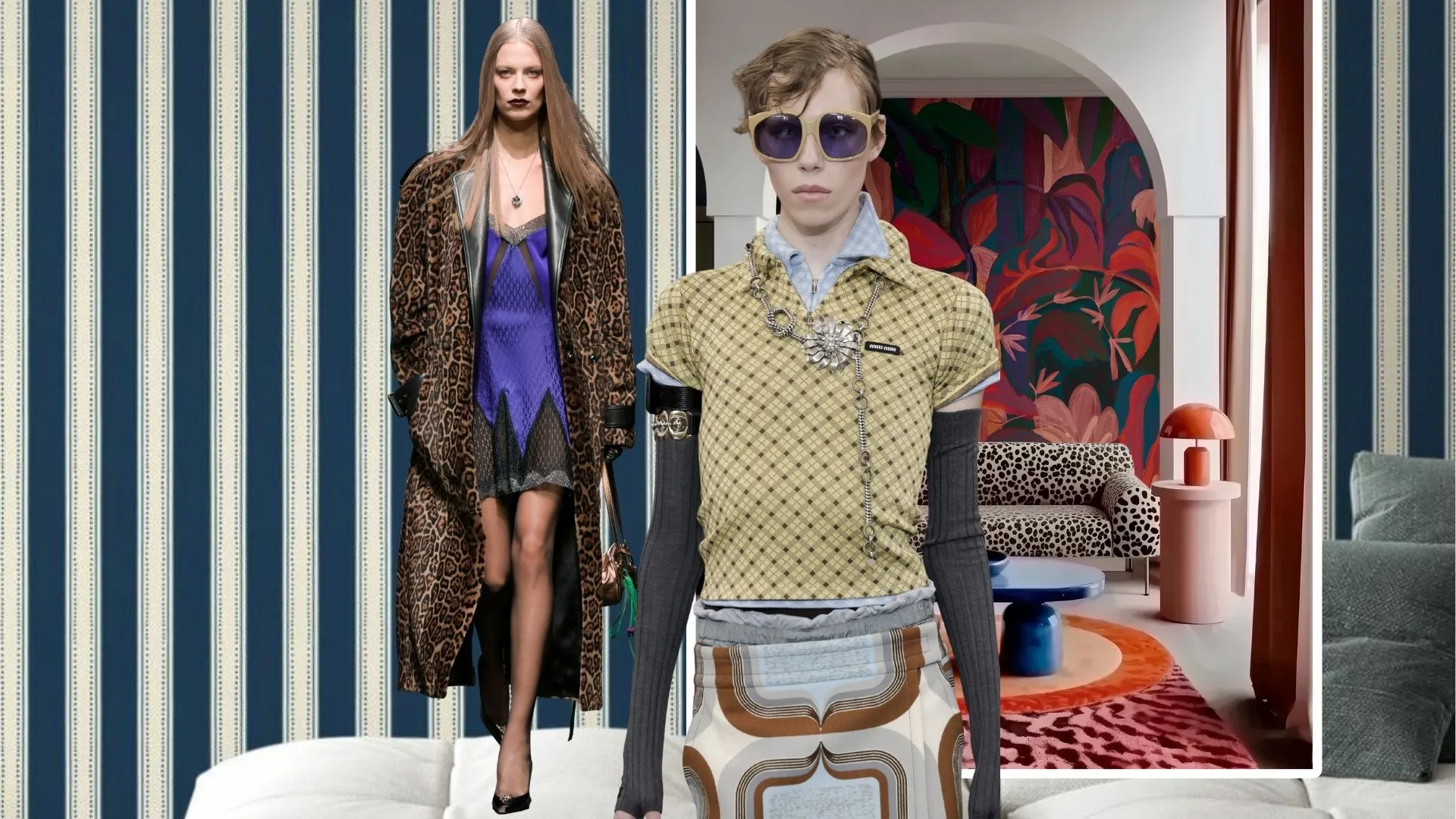 Runway models wearing clashing prints with stripe wallpaper background