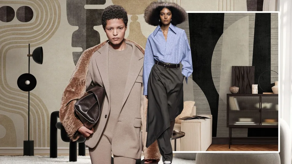 Runway models wearing tailored looks with minimalistic, modern wallpaper