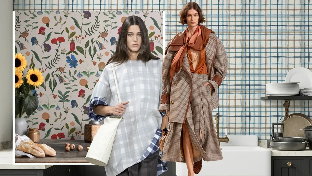 Runway models wearing check looks with country cottage wallpaper