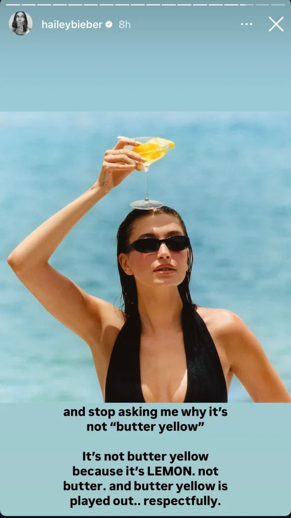 Hailey Bieber posting about the end of butter yellow on Instagram