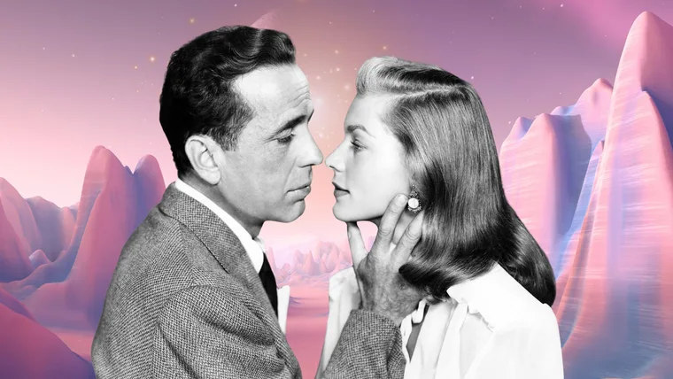Humphrey Bogart and Lauren Bacall against a pink planetary backdrop