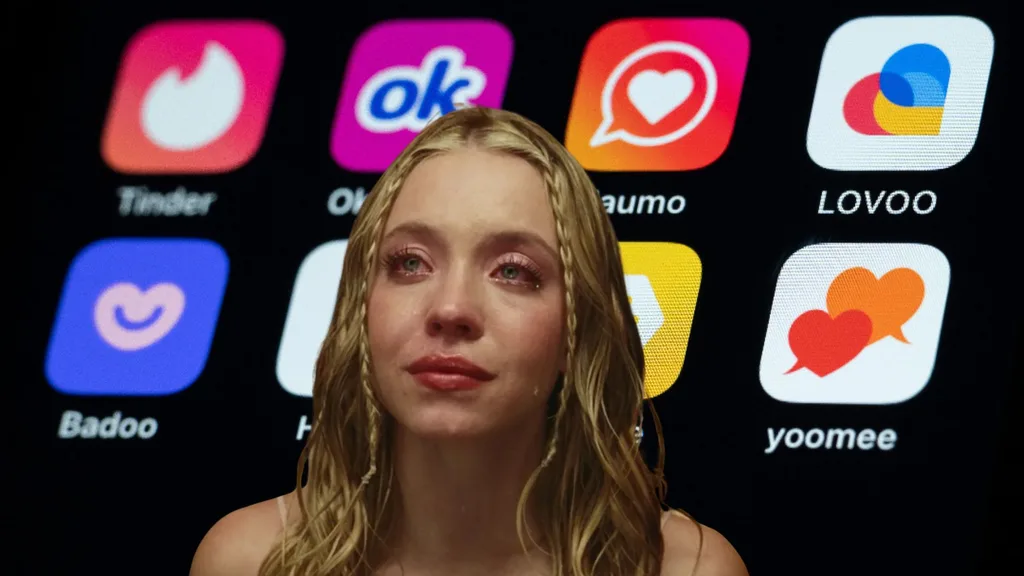 Sydney sweeney on a background of dating apps