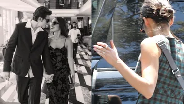 Louis Partridge and Olivia Rodrigo in LA next to a close up of Olivia Rodrigo's engagement ring
