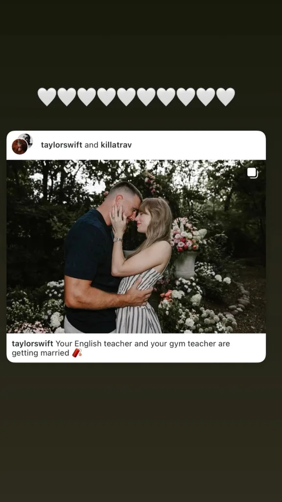 Sabrina Carpenter wishing Travis Kelce and Taylor Swift congratulations on Instagram