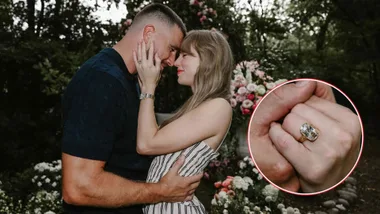 Travis Kelce and Taylor Swift with their engagement ring
