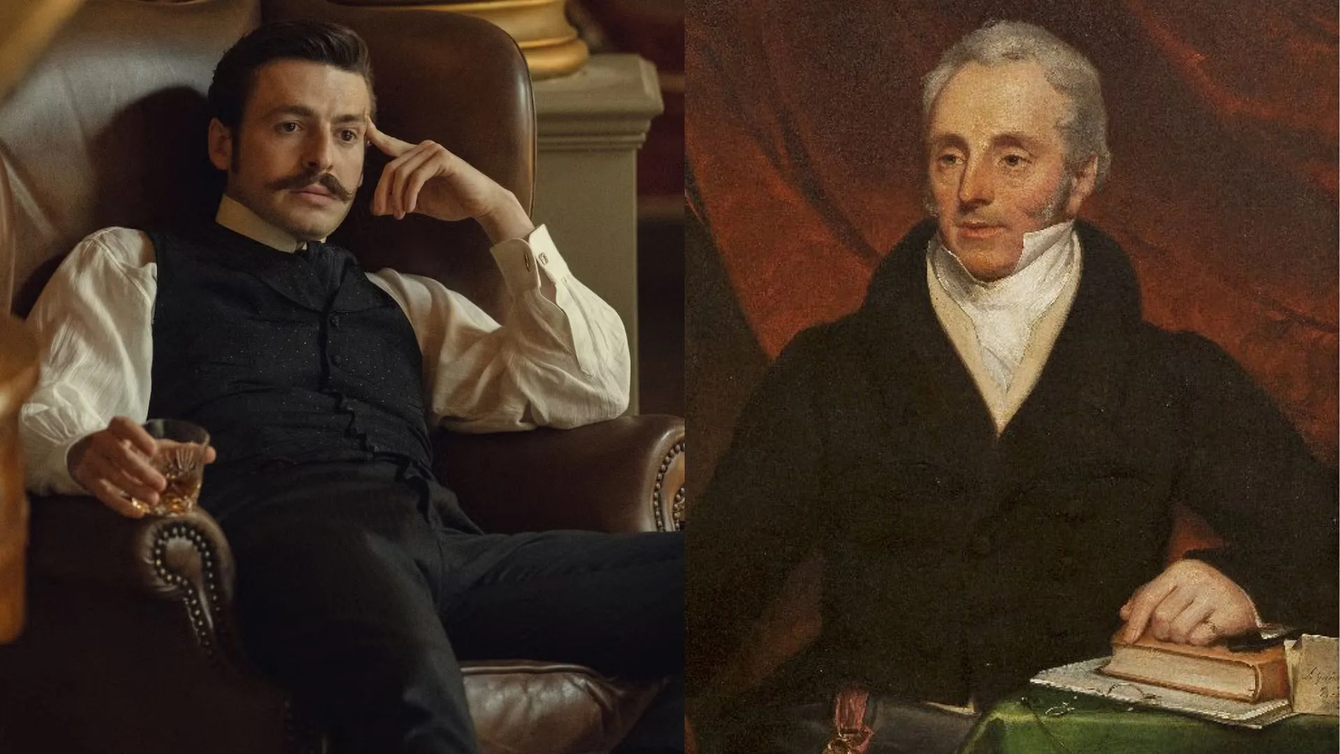 Anthony Boyle as Arthur Guinness and a portrait of Arthur Guinness 