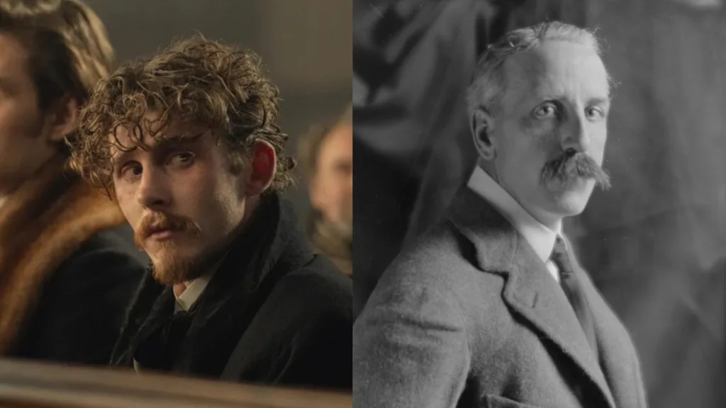 Finn OShea as Benjamin Guinness and a black and white photo of Benjamin Guinness