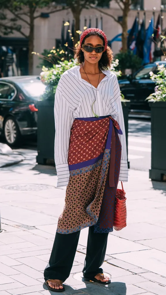 Guest at NYFW wears shirt with skirt over jeans