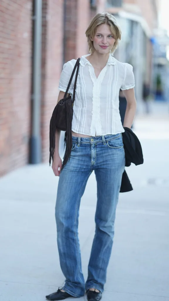 Guest at NYFW wears low rise jeans with white sheer shirt