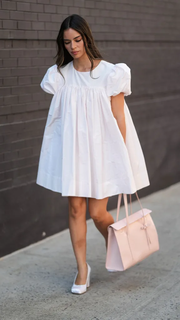 Guest at NYFW wears puff sleeved white sandy liang dress