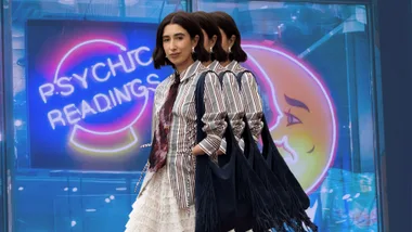 Collage of woman in front of a neon sign