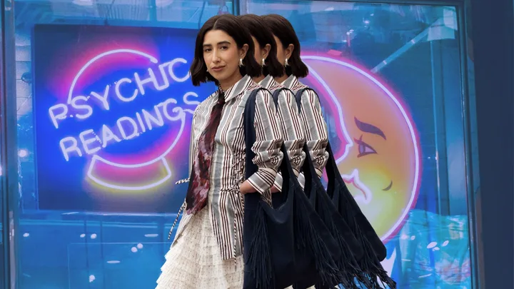 Collage of woman in front of a neon sign