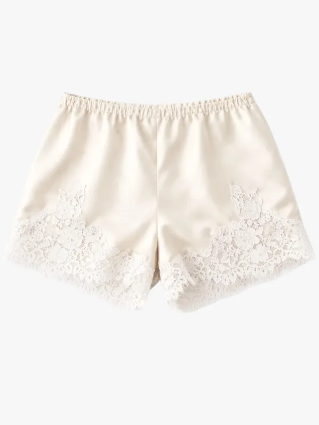 Lyra Lace Trim Shorts in white satin and lace