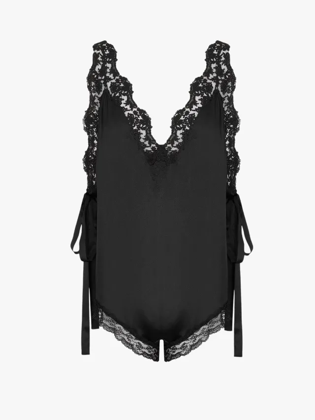 Saint Laurent black lace shorts romper for 2026 collection