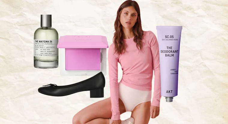 Editors picks: Glossier blush, reppetto ballet flats, lelabo perfume and akt london deoderant with a model in front