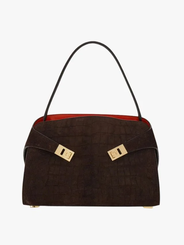 brown suede ferragamo hug soft bag in croc effect leather