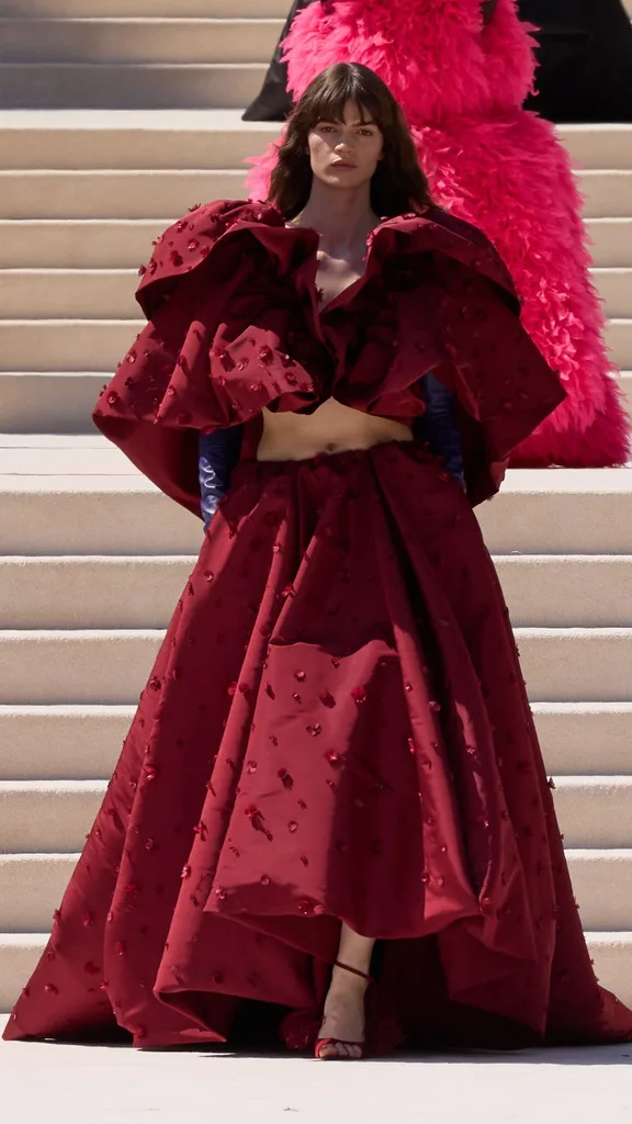 A deep red gown at Balenciaga couture