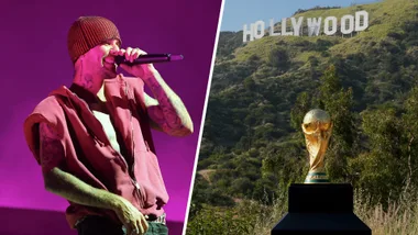 Split screen image showing pop artist Justin Bieber performing at Coachella on the left, and the FIFA World Cup trophy with the MetLife Stadium backdrop on the right, promoting the 2026 halftime show broadcast on SBS in Australia.