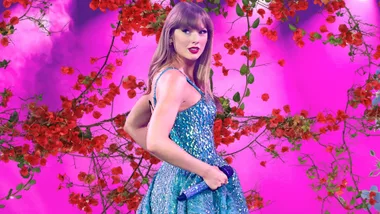 Taylor swift in a colour saturated rose garden