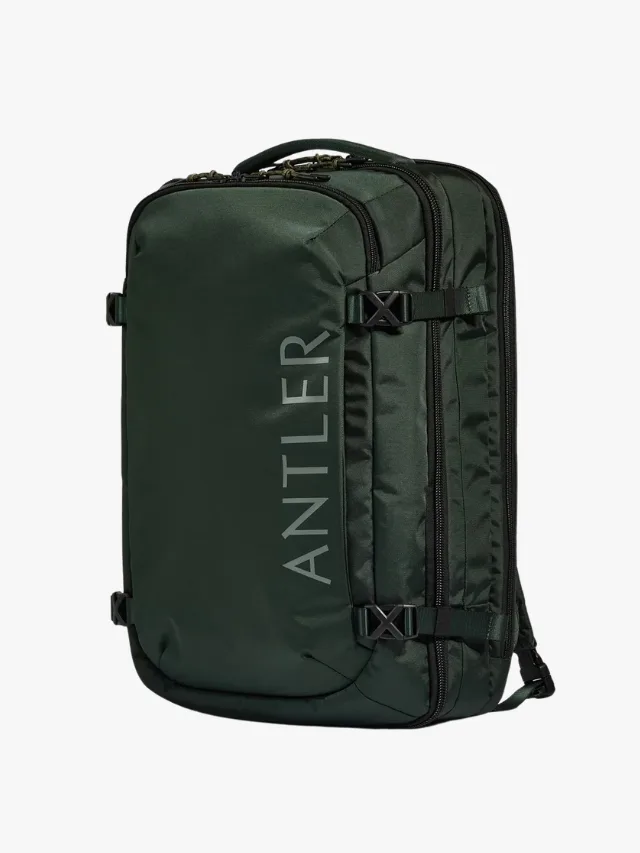 Antler 40L backpack for long-term travel in forest green