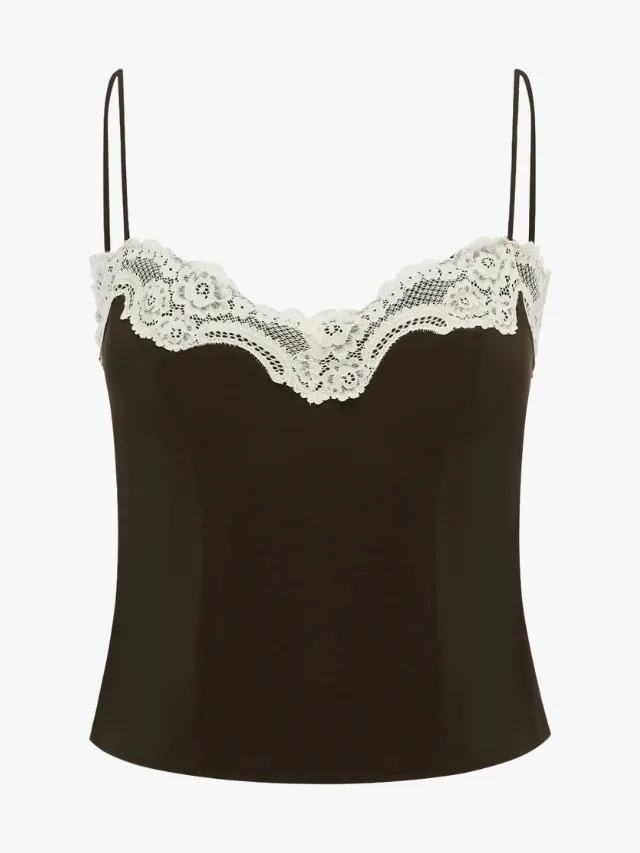 Chocolate With Jean camisole with white lace trim worn by Dua Lipa