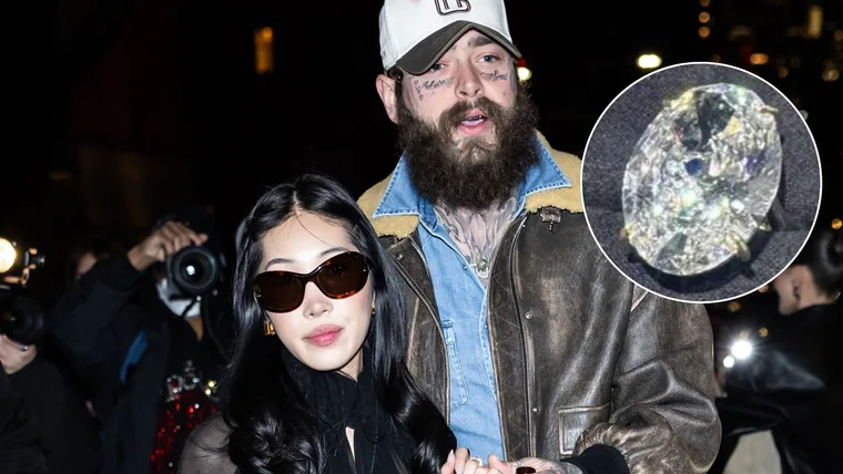 Post Malone and Christy Lee alongside a close crop of their engagement ring