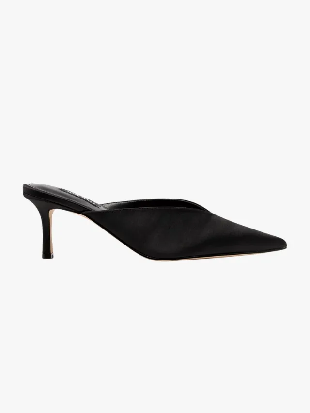 black heeled satin mules