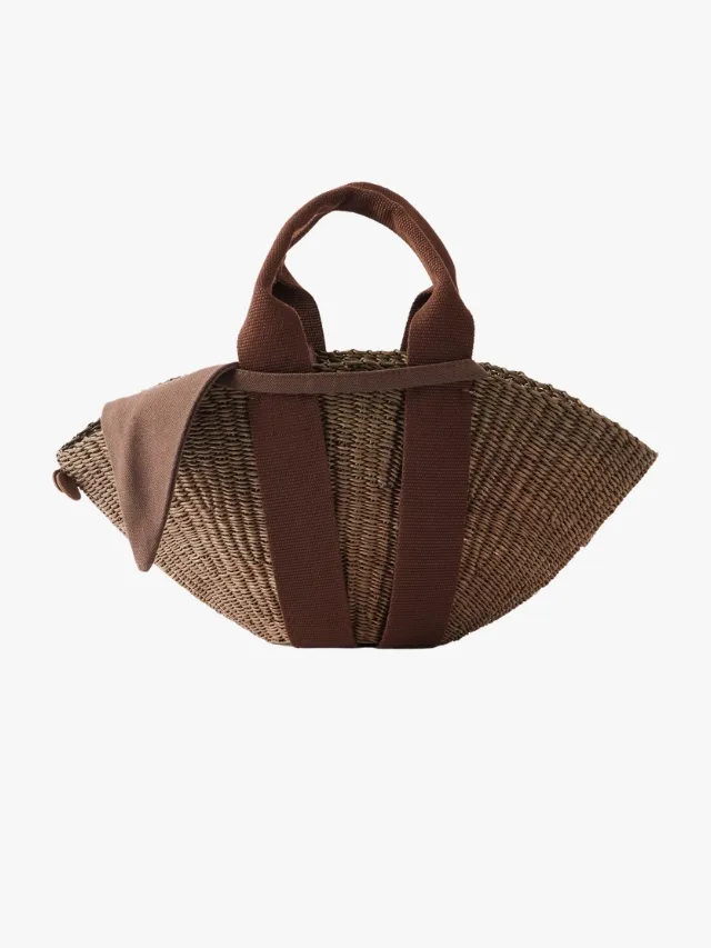 woven brown raffia top handle bag