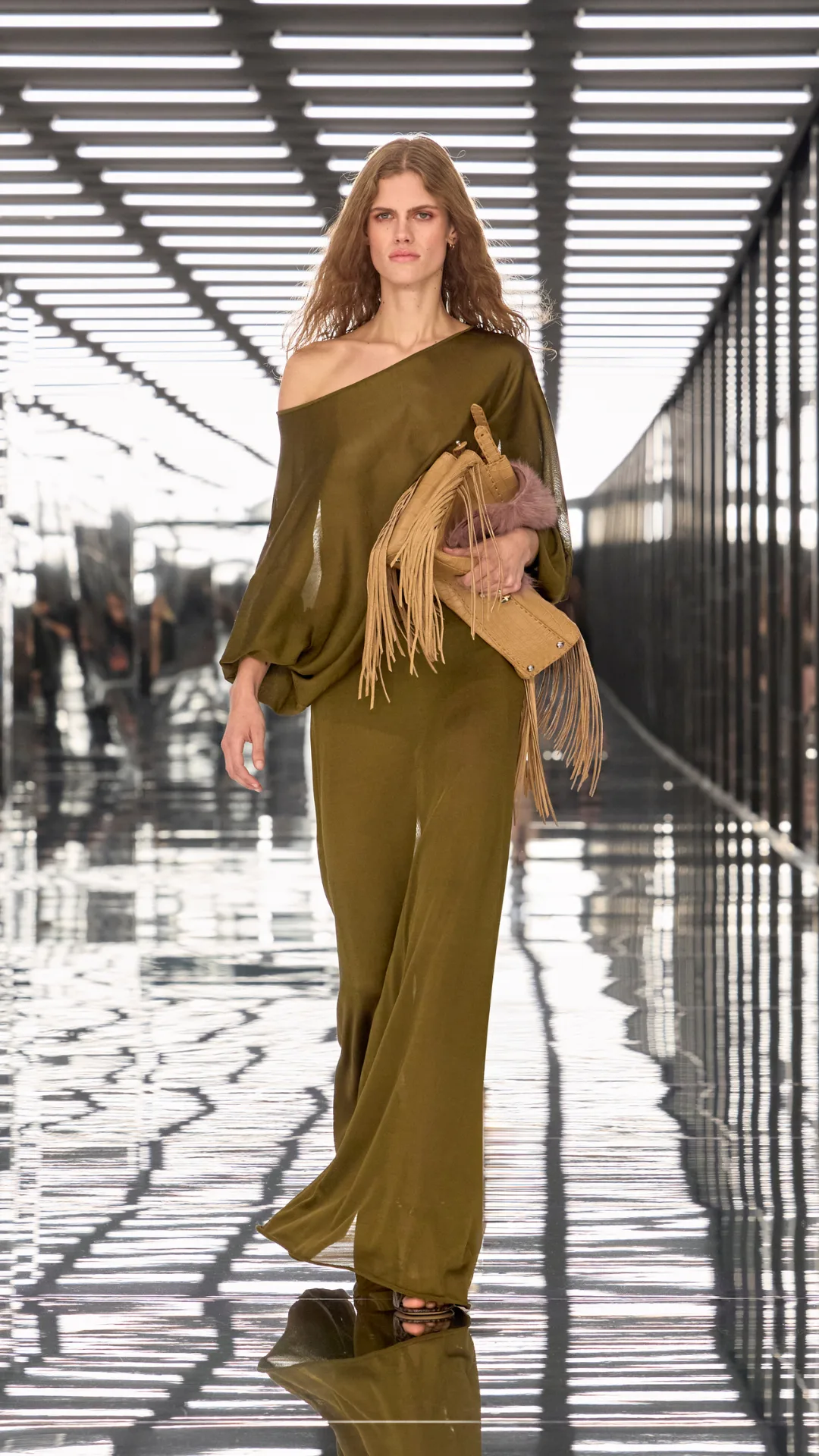 Model in a khaki top and pants set