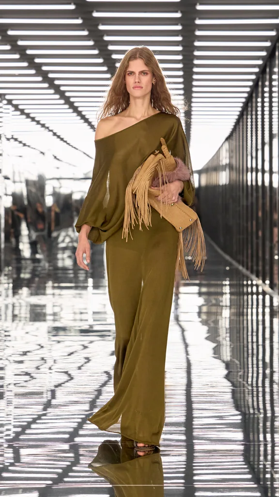 Model in a khaki top and pants set