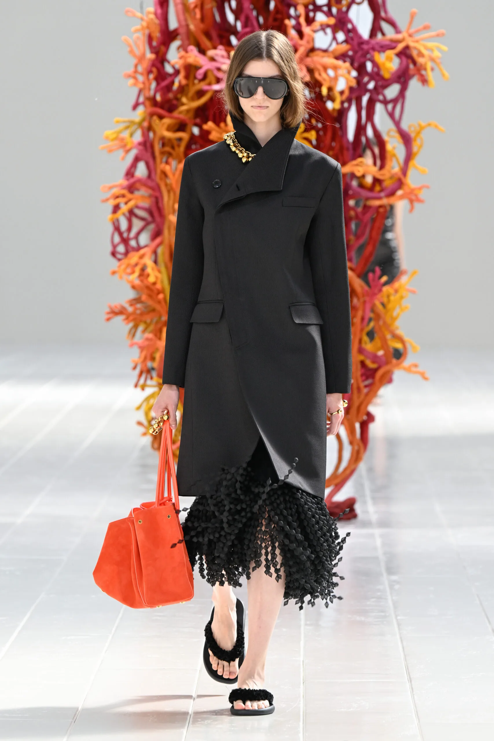 Model on the runway at the Balenciaga fashion show as part of RTW Spring/Summer 2027 held at Tennis Club de Paris on October 01, 2026 in Paris, France. (Photo by Giovanni Giannoni/WWD via Getty Images)
