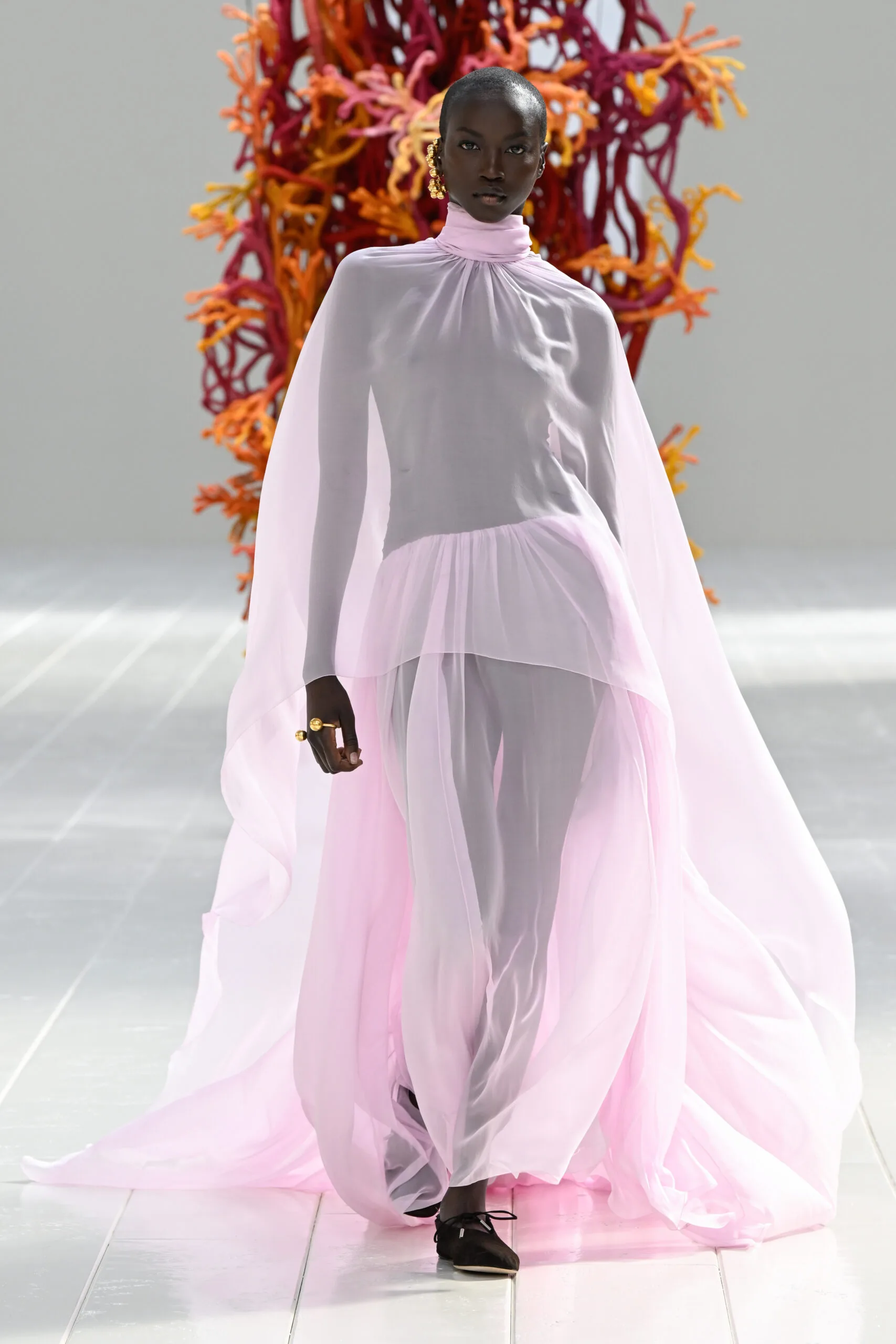 (EDITOR'S NOTE: Image contains partial nudity.) Model on the runway at the Balenciaga fashion show as part of RTW Spring/Summer 2027 held at Tennis Club de Paris on October 01, 2026 in Paris, France. (Photo by Giovanni Giannoni/WWD via Getty Images)