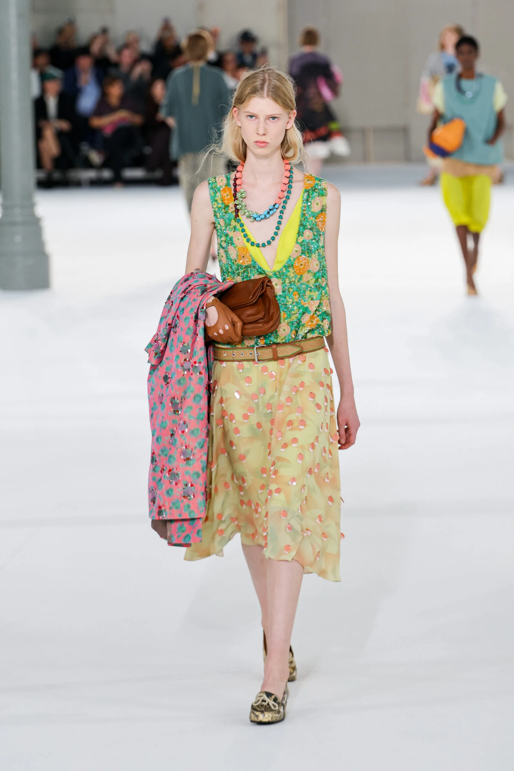 PARIS, FRANCE - SEPTEMBER 30: (EDITORIAL USE ONLY - For Non-Editorial use please seek approval from Fashion House) A model walks the runway during the Dries Van Noten Womenswear Spring/Summer 2027 show as part of Paris Fashion Week on September 30, 2026 in Paris, France. (Photo by Lyvans Boolaky/Getty Images)