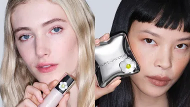 Two models hold marc jacobs beauty products includin the 24 hour wear concealer and the Legally Bronze Bronzer
